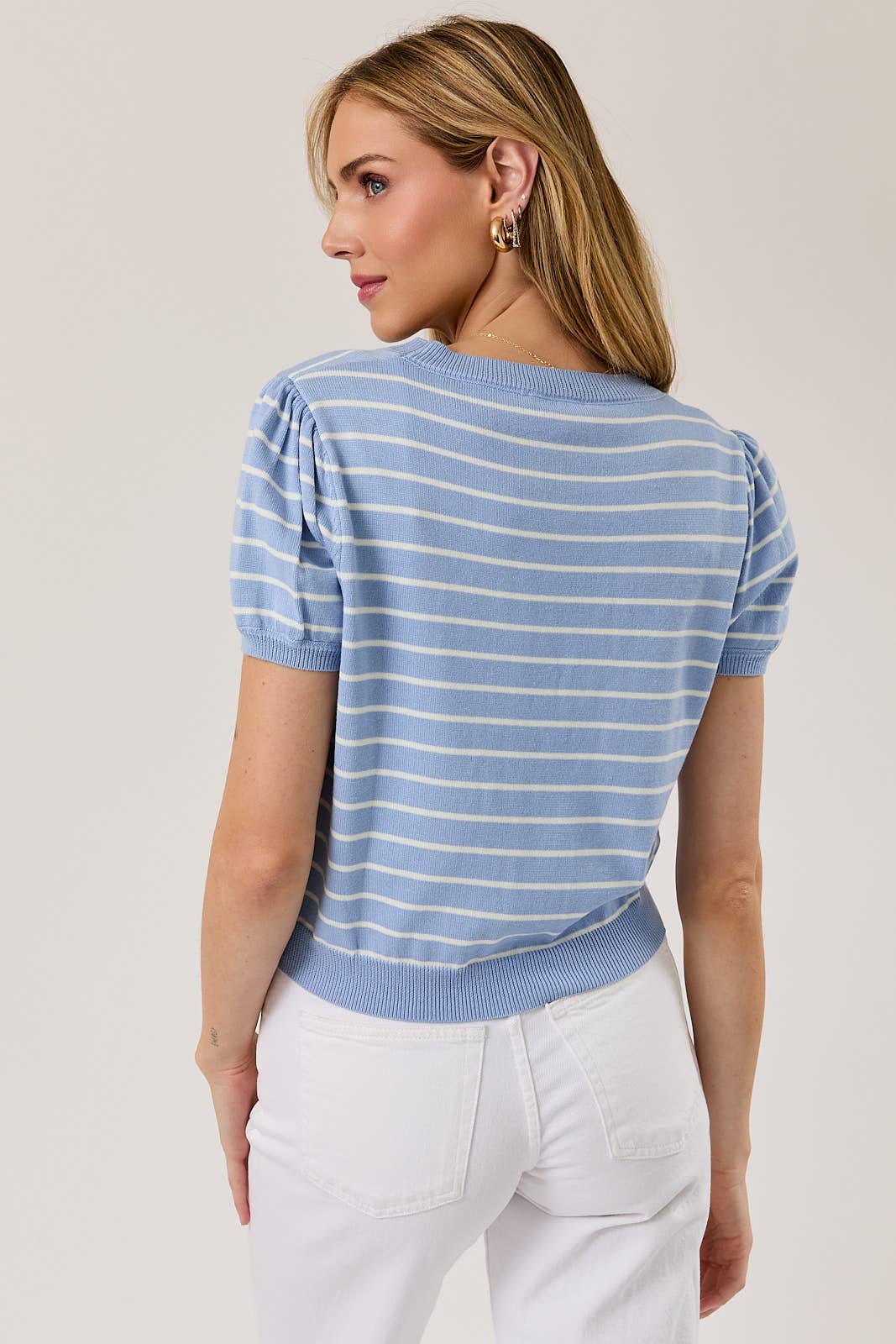 HALF SLEEVE CREW NECK PUFF STRIPED SWEATER TOP