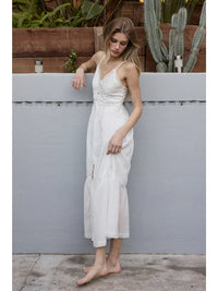 Lace Trim Button-Down White Maxi Dress