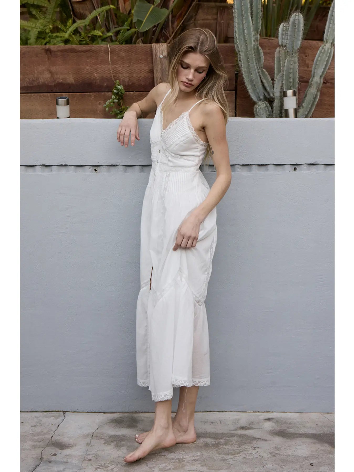 Lace Trim Button-Down White Maxi Dress