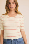 ROUND NECK HALF SLEEVE STRIPE RIBBED TOP