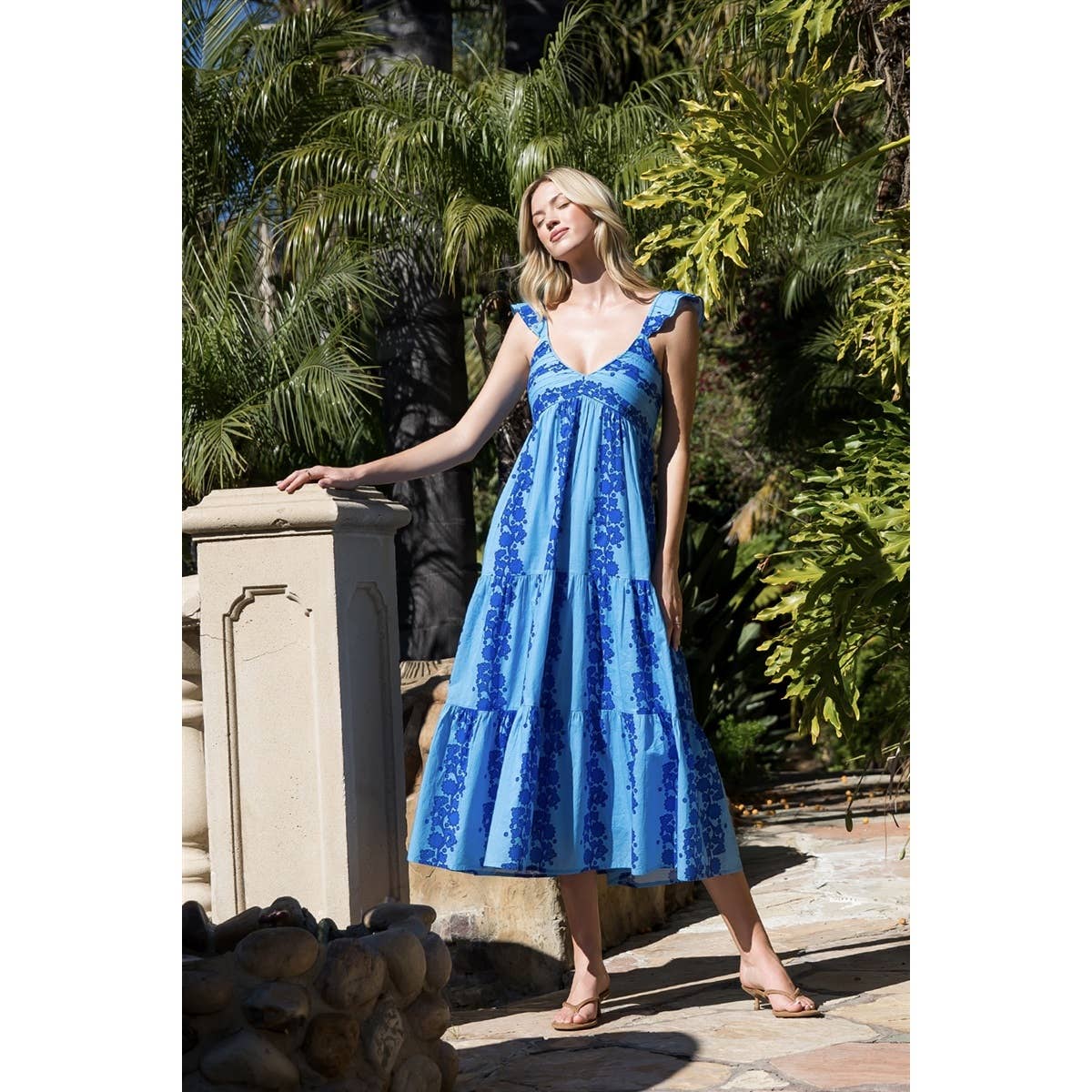 Flutter Sleeve Patterned Print Midi Dress
