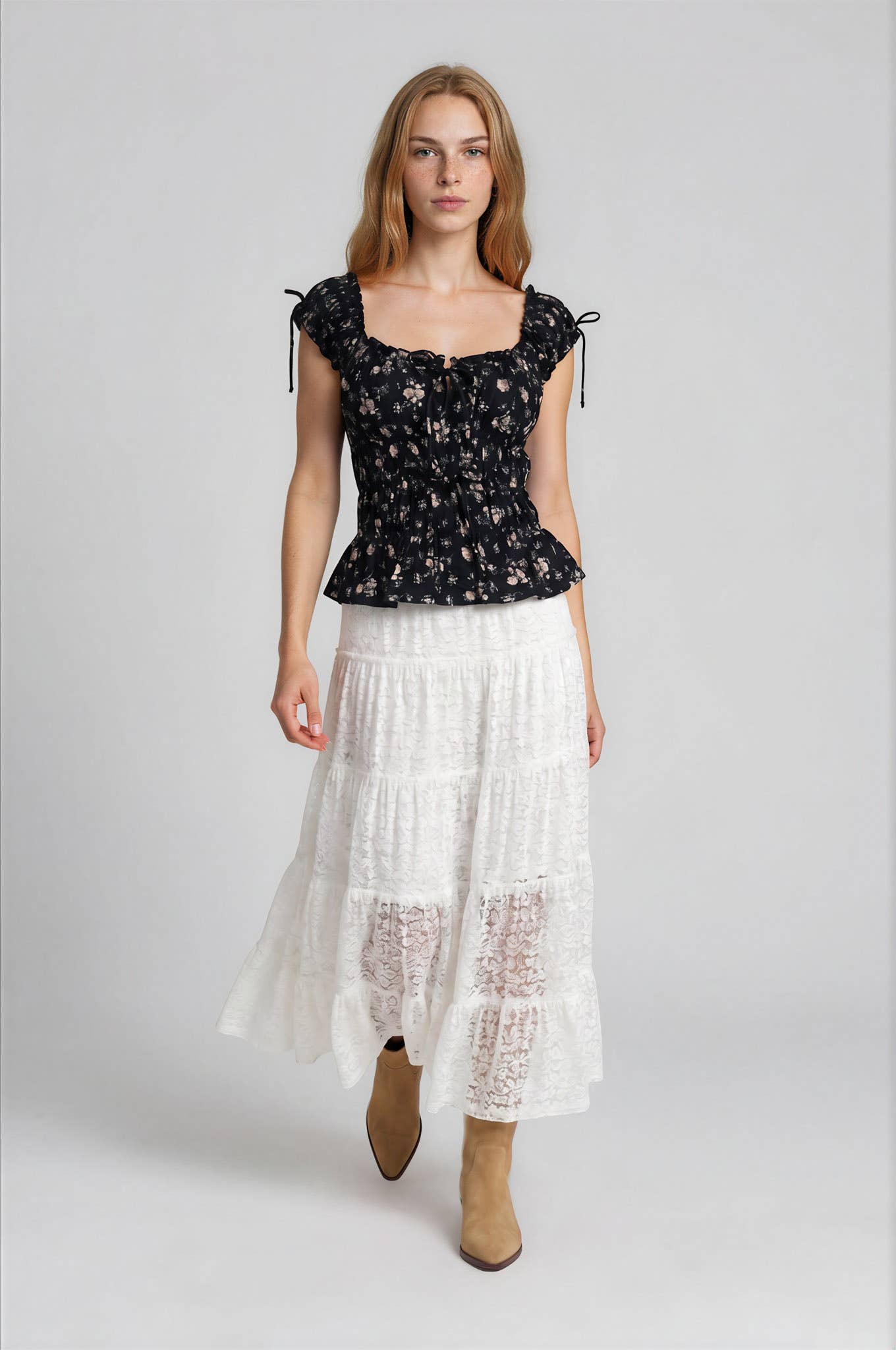 Floral Front Tie Shirred Waist Ruffled Top