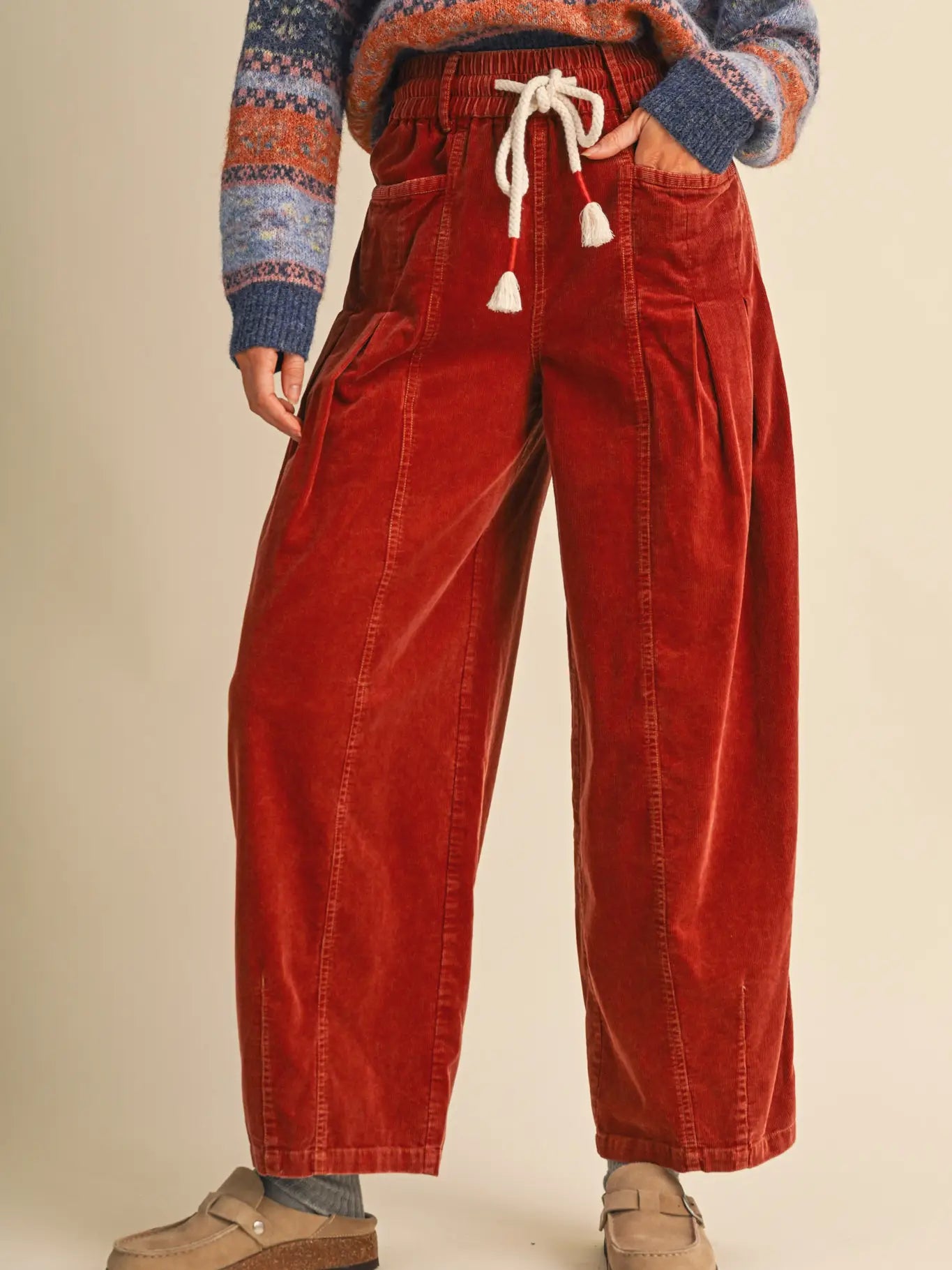 Washed Corduroy Pleated Barrel Pants