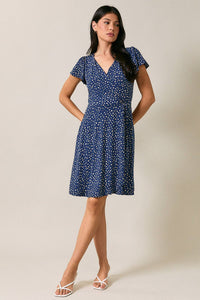 SURPLICE V NECK FLUTTER FAUX WRAP DOT PRINT MINI DRESS