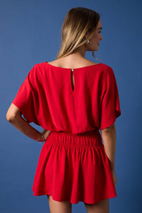 BOAT NECK SHORT SLEEVE CINCHED WAIST MINI DRESS