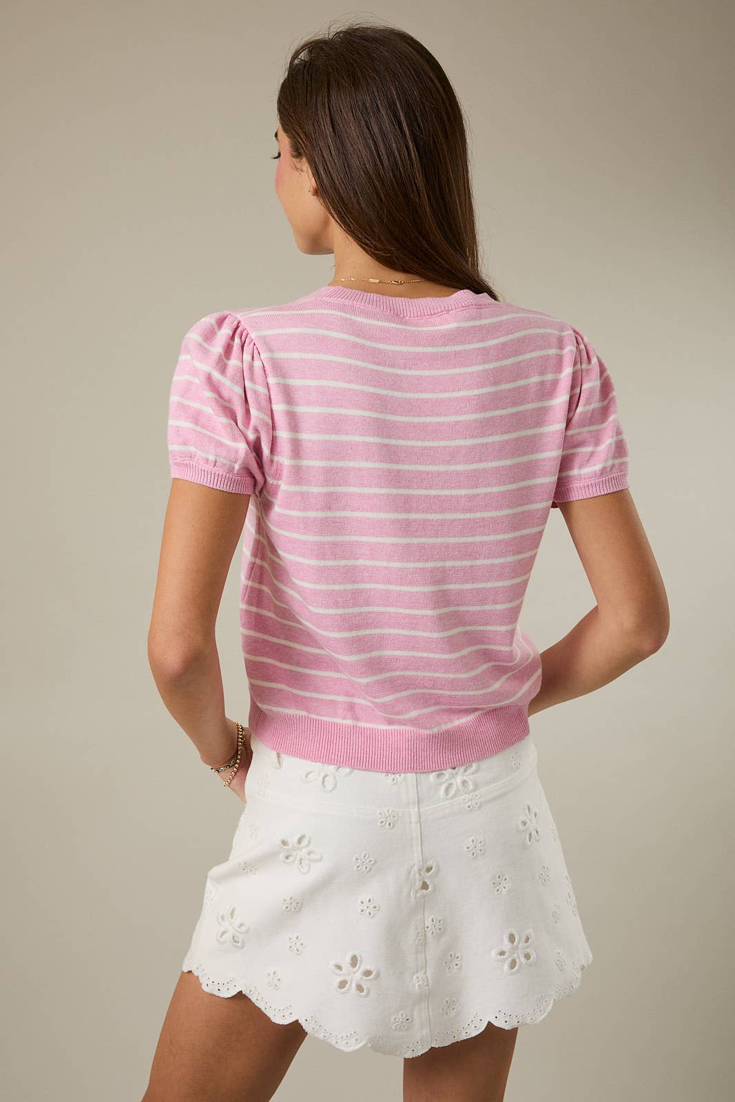 HALF SLEEVE CREW NECK PUFF STRIPED SWEATER TOP