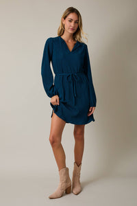NOTCH NECK LONG SLEEVE WAIST TIE MINI DRESS