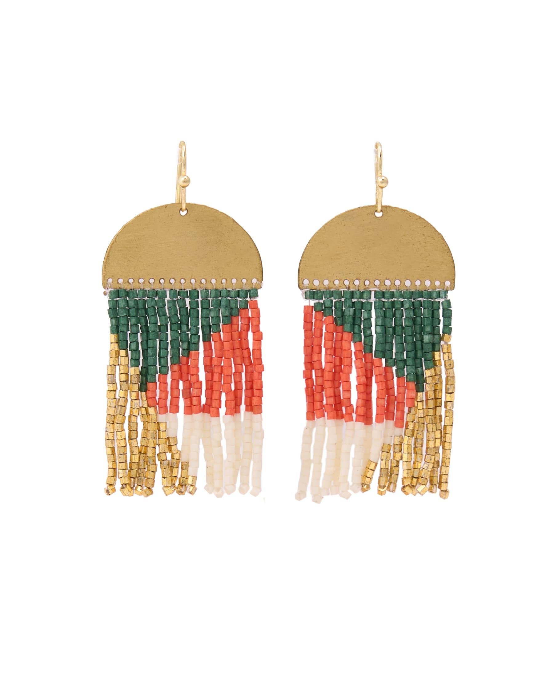 Birdie Geometric Beaded Fringe Earrings Emerald, Coral, Ivory, + Gold