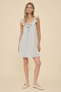 Plaid Embroidered Lace Ruffle Mini Dress