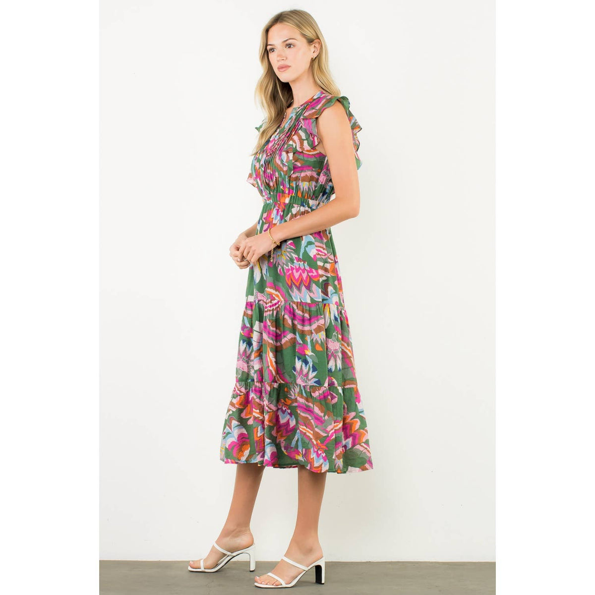 Pleated Ruffle Flutter Sleeve Midi Dress