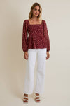 SQUARE NECK PUFF LONG SLEEVE SMOCKING BACK DITSY TOP