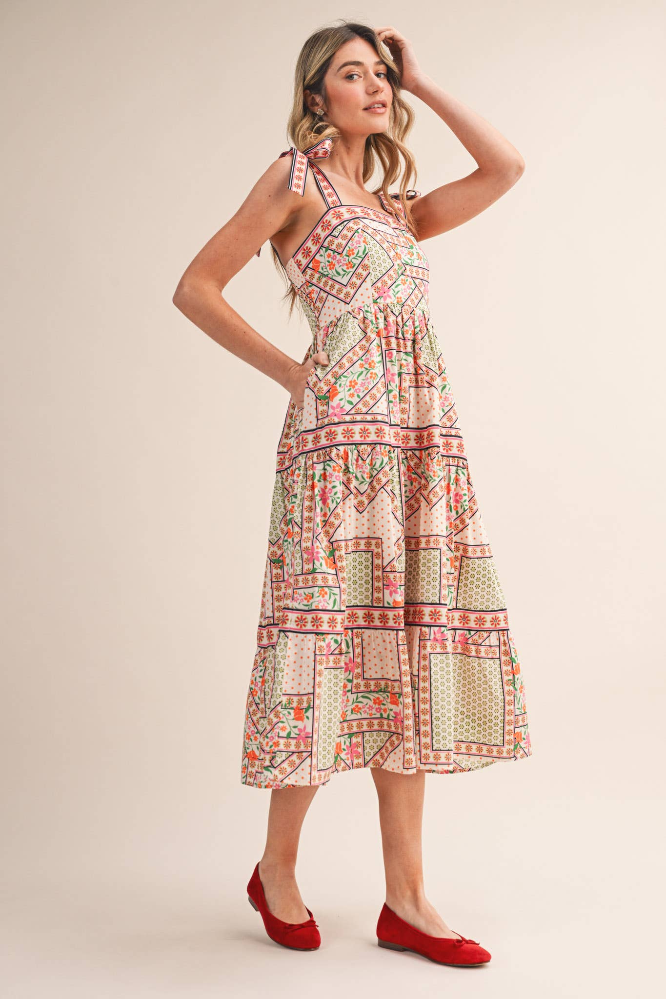 Exclusive Floral Patchwork Tie Strap Midi Dress