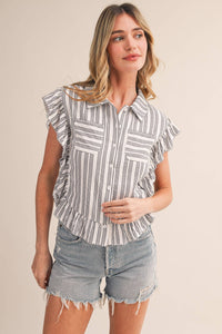 Striped Button Down Top With Scalloped Lace Trim