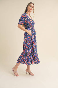 Puff Sleeve Floral Print Midi Dress
