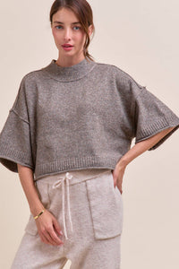 Marled Knit Mock Neck Short Sleeve Sweater
