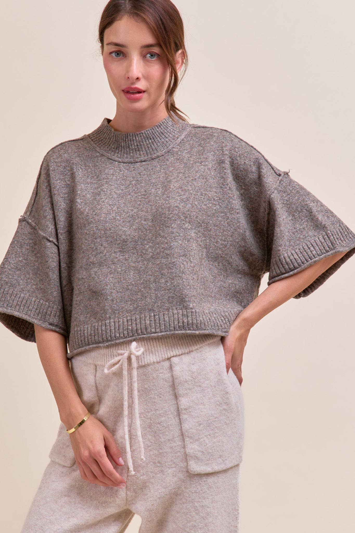 Marled Knit Mock Neck Short Sleeve Sweater