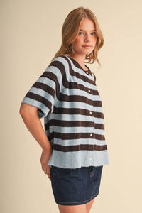 Striped Short Sleeve Sweater Caridgan