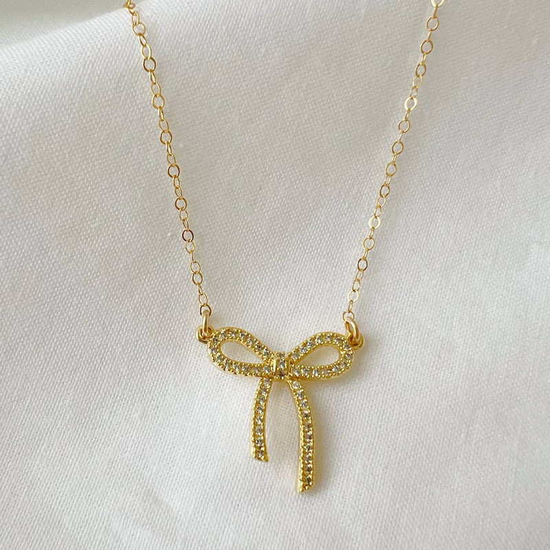 Bow Ribbon CZ Gold Filled Necklace