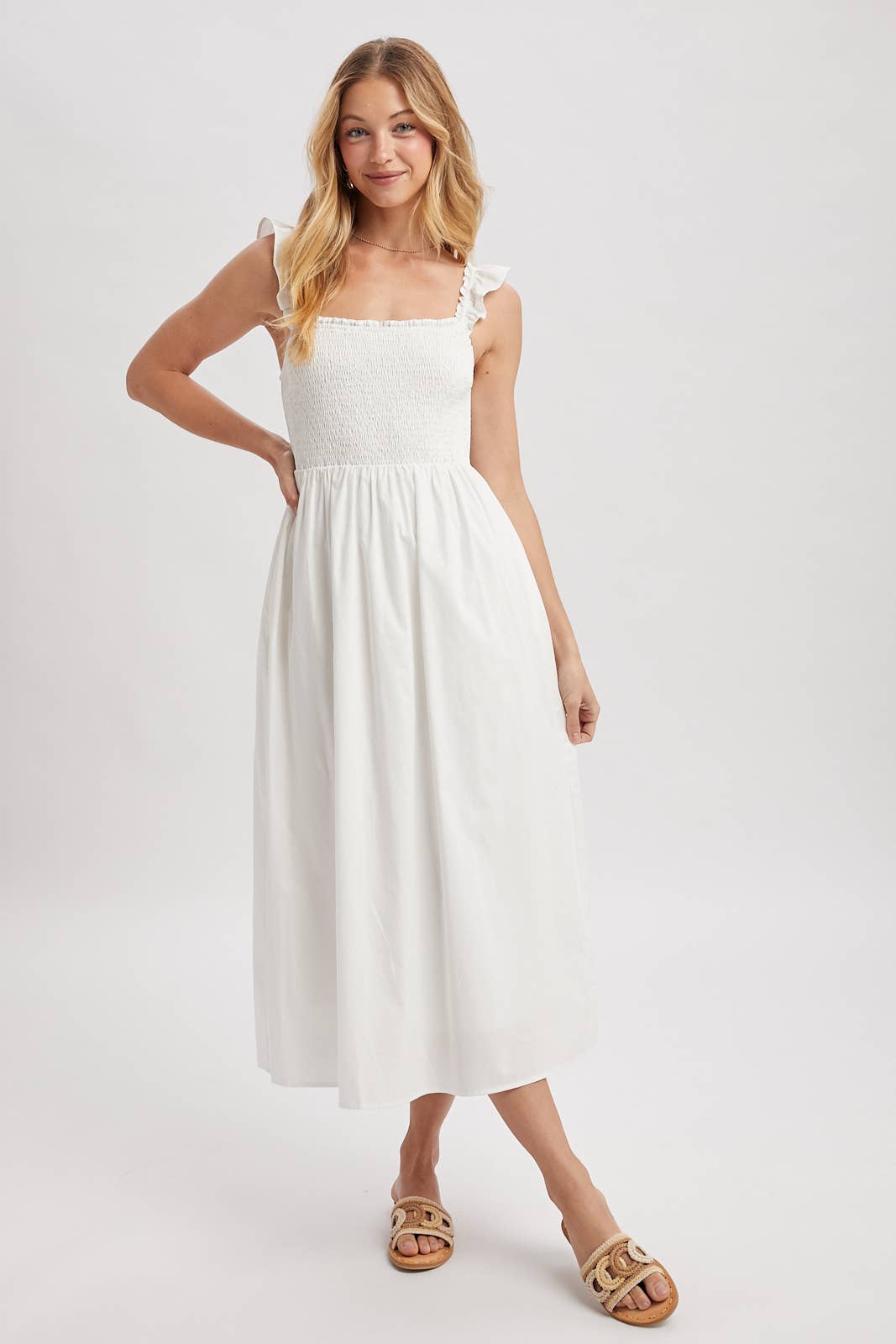 Cotton Ruffle Sleeve Midi Dress