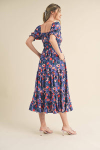 Puff Sleeve Floral Print Midi Dress