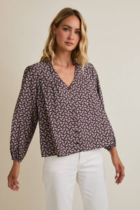 NOTCH NECK PUFF LONG SLEEVE BUTTON UP ABSTRACT TOP