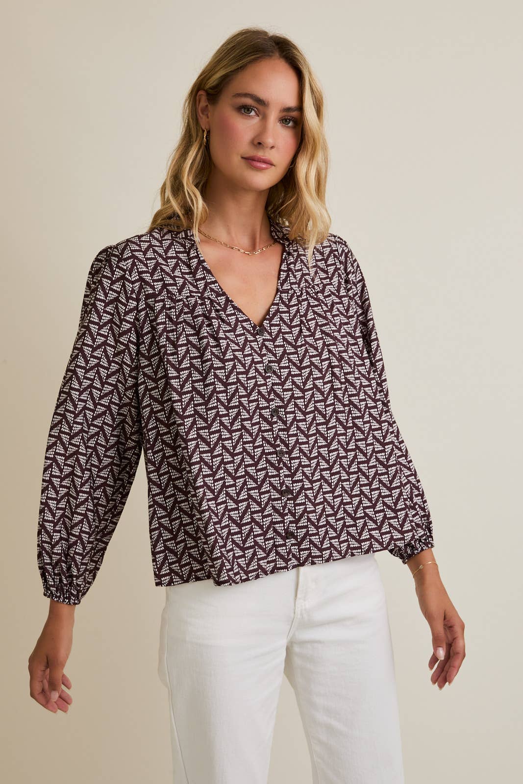 NOTCH NECK PUFF LONG SLEEVE BUTTON UP ABSTRACT TOP