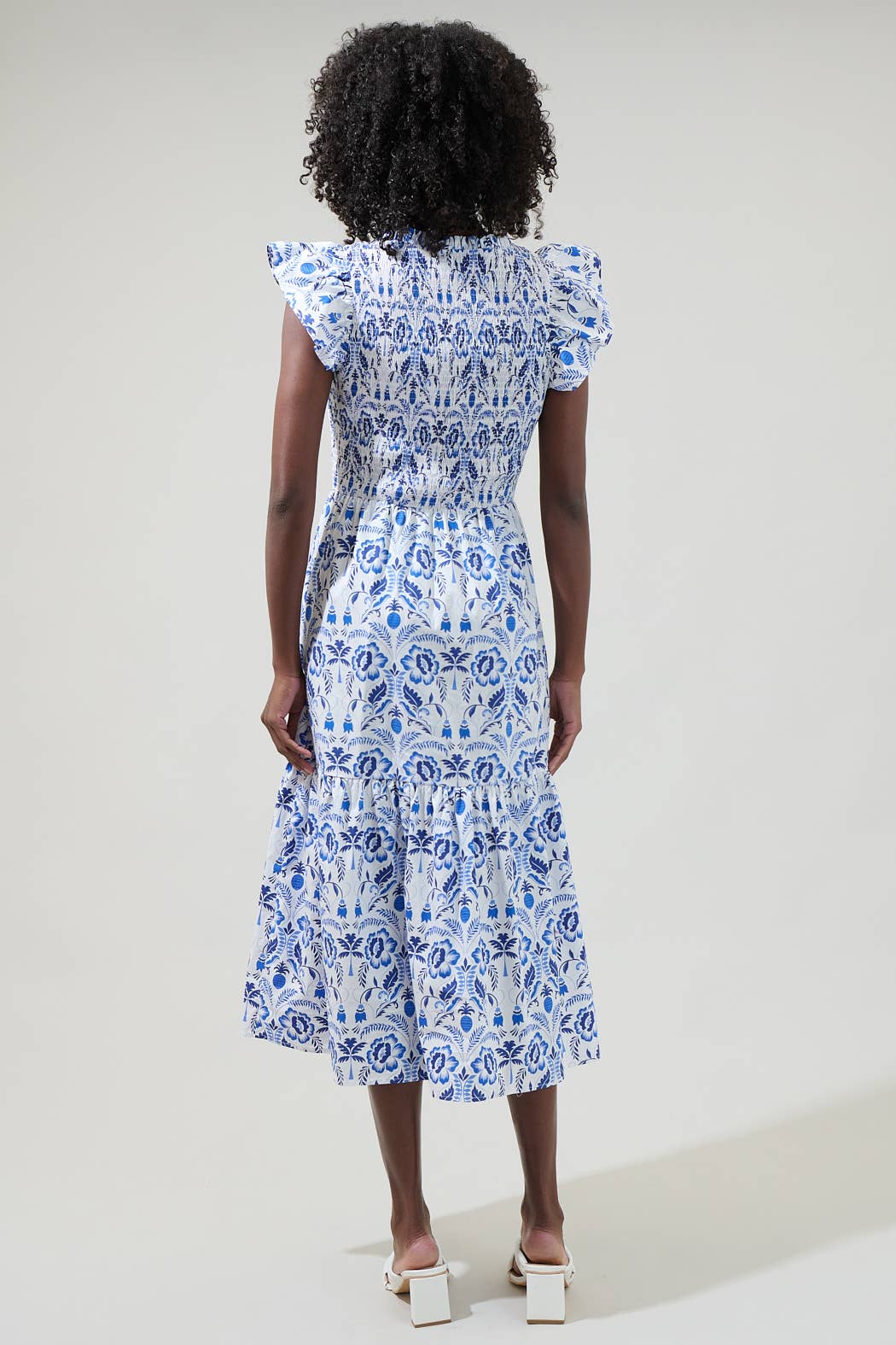 Marisol Floral Giza Glare Smock Tiered Midi Dress