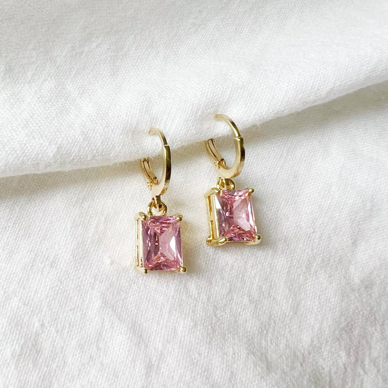 Arden Pink CZ Baguette Huggie Hoops Gold Filled Earrings