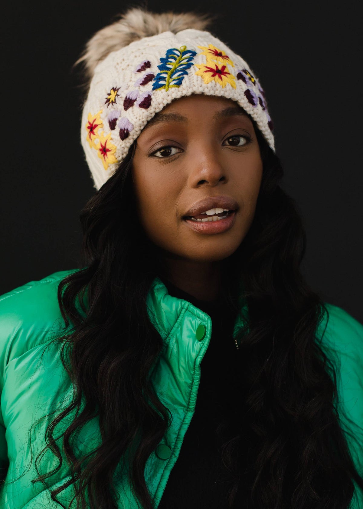 Luxe Beige w/ Floral Pattern Cuff Pom Hat