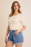 ROUND NECK HALF SLEEVE STRIPE RIBBED TOP