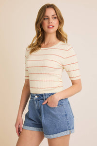 ROUND NECK HALF SLEEVE STRIPE RIBBED TOP