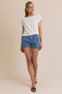 SOLID WOVEN TEE WITH FRONT KNOT DETAIL