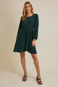 ROUND NECK LONG SLEEVE WAIST TIE GRID MINI DRESS