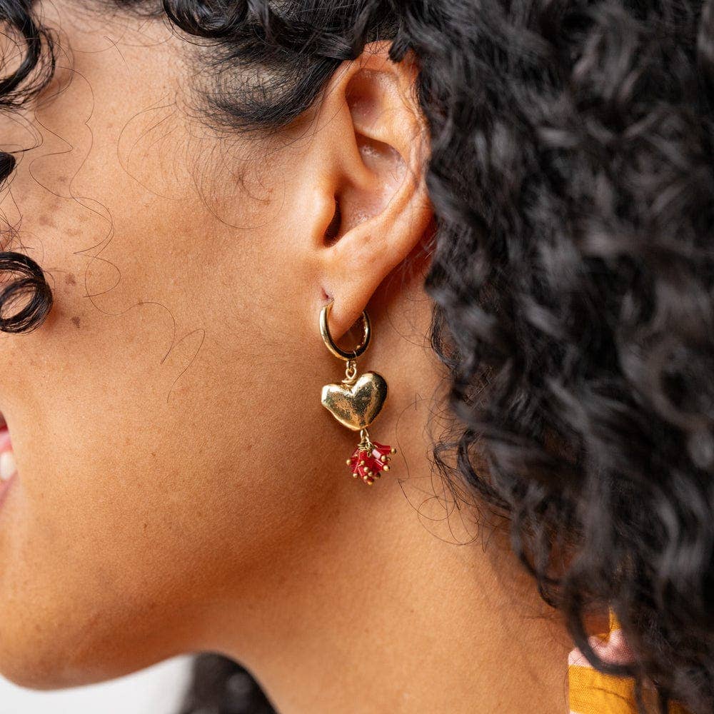 Ruby Small Brass Heart Hoop Earrings Red