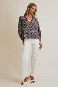 NOTCH NECK PUFF LONG SLEEVE BUTTON UP ABSTRACT TOP
