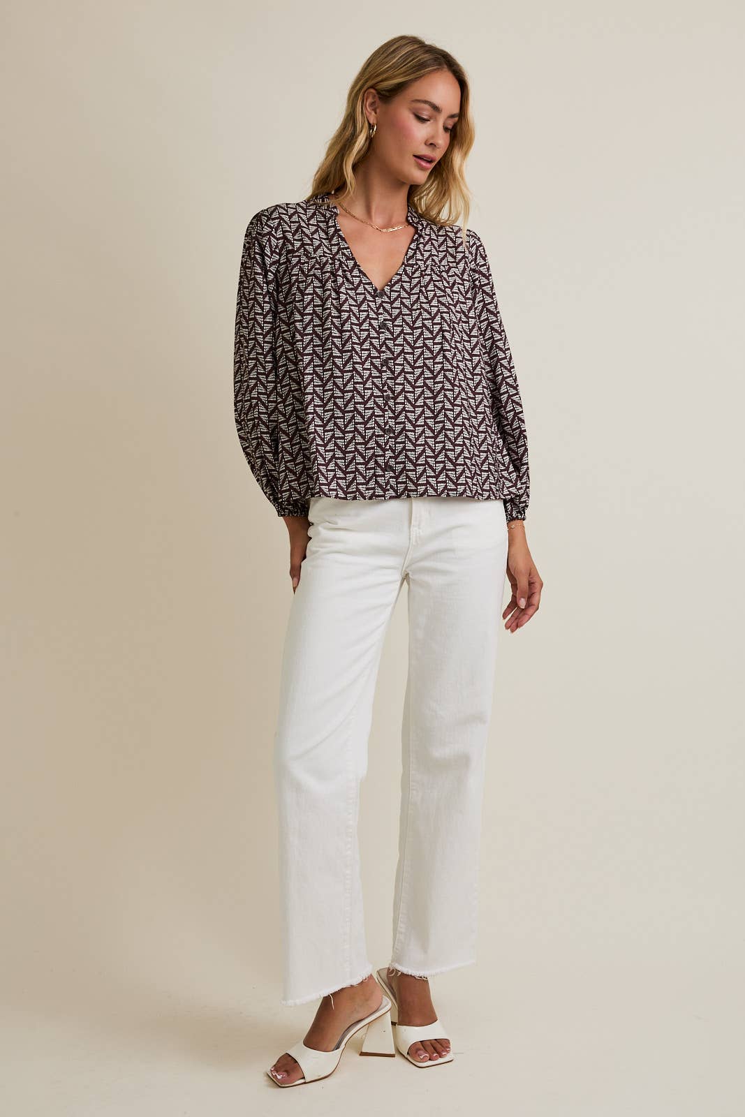 NOTCH NECK PUFF LONG SLEEVE BUTTON UP ABSTRACT TOP