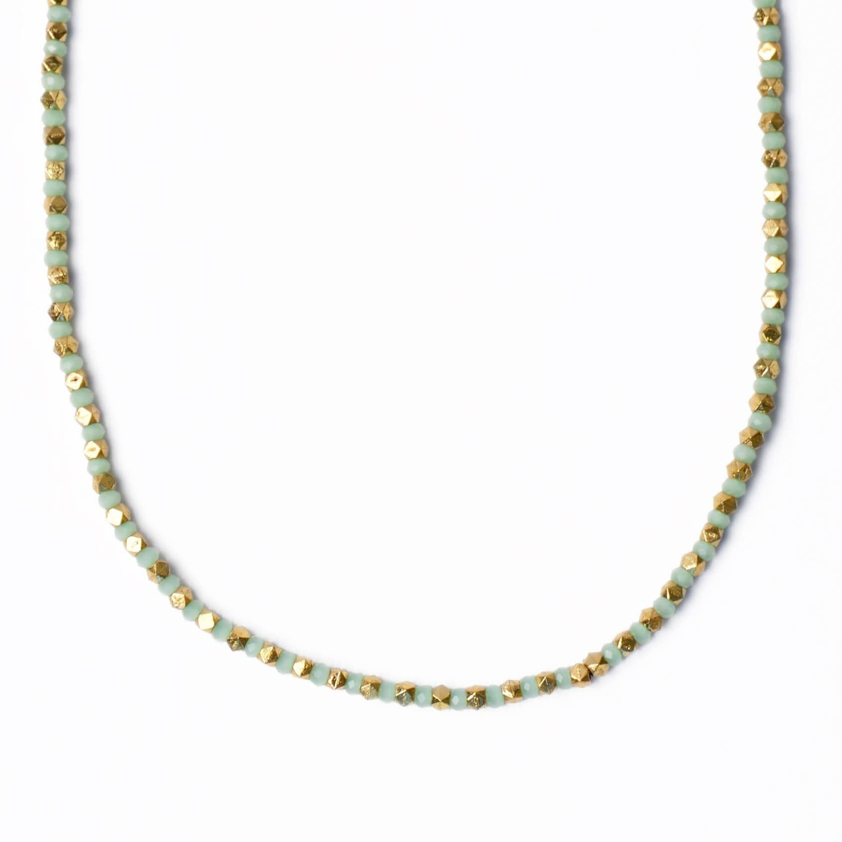 Maren Crystal Necklace With Alternating Brass Beads Mint + Gold