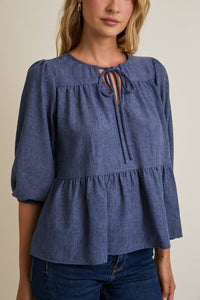 ROUND NECK FRONT TIE 3/4 SLEEVE TOP