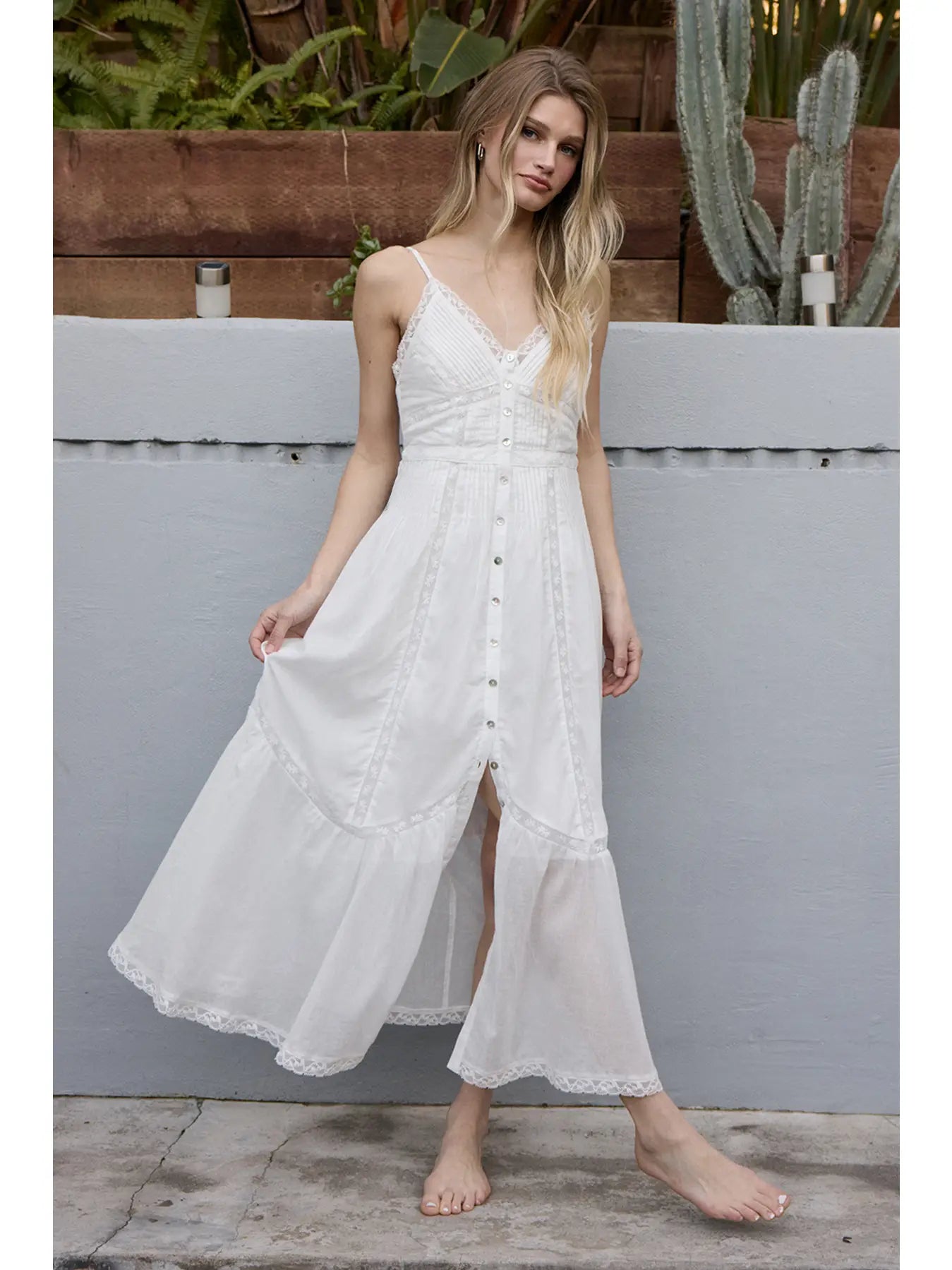 Lace Trim Button-Down White Maxi Dress