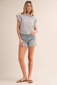 Striped Button Down Top With Scalloped Lace Trim