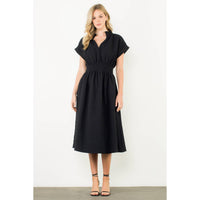 Textured Split Neck Smocked Waist Dress