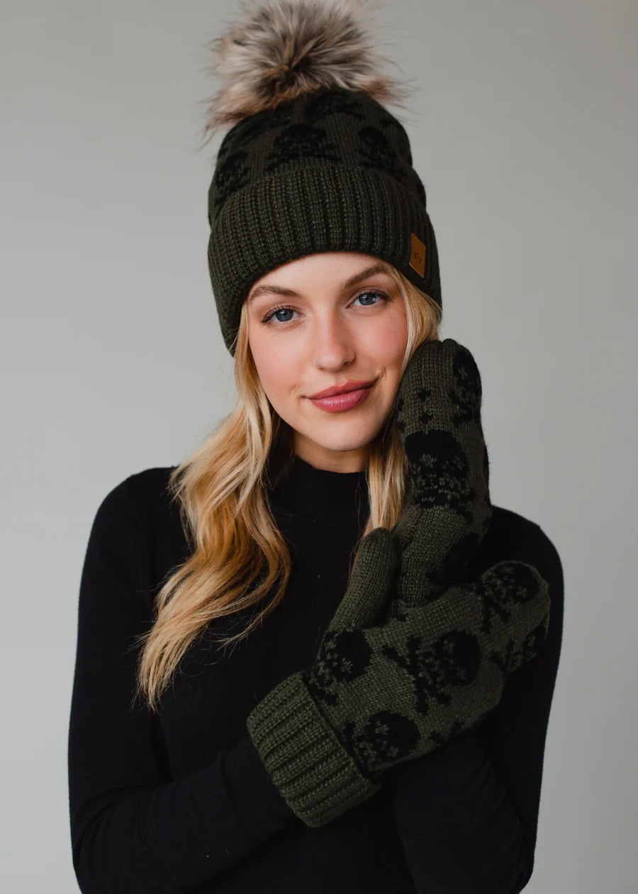 Olive Skull Hat and Mitten Set