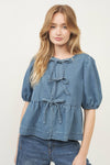 DENIM FRONT BOW TIE PEPLUM BLOUSE