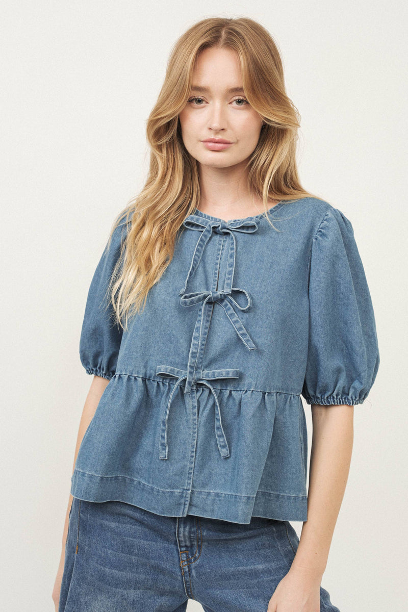 DENIM FRONT BOW TIE PEPLUM BLOUSE