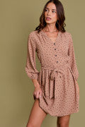 Long Sleeve Shirring Button Down Tie Dress