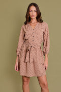 Long Sleeve Shirring Button Down Tie Dress