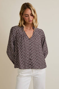 NOTCH NECK PUFF LONG SLEEVE BUTTON UP ABSTRACT TOP
