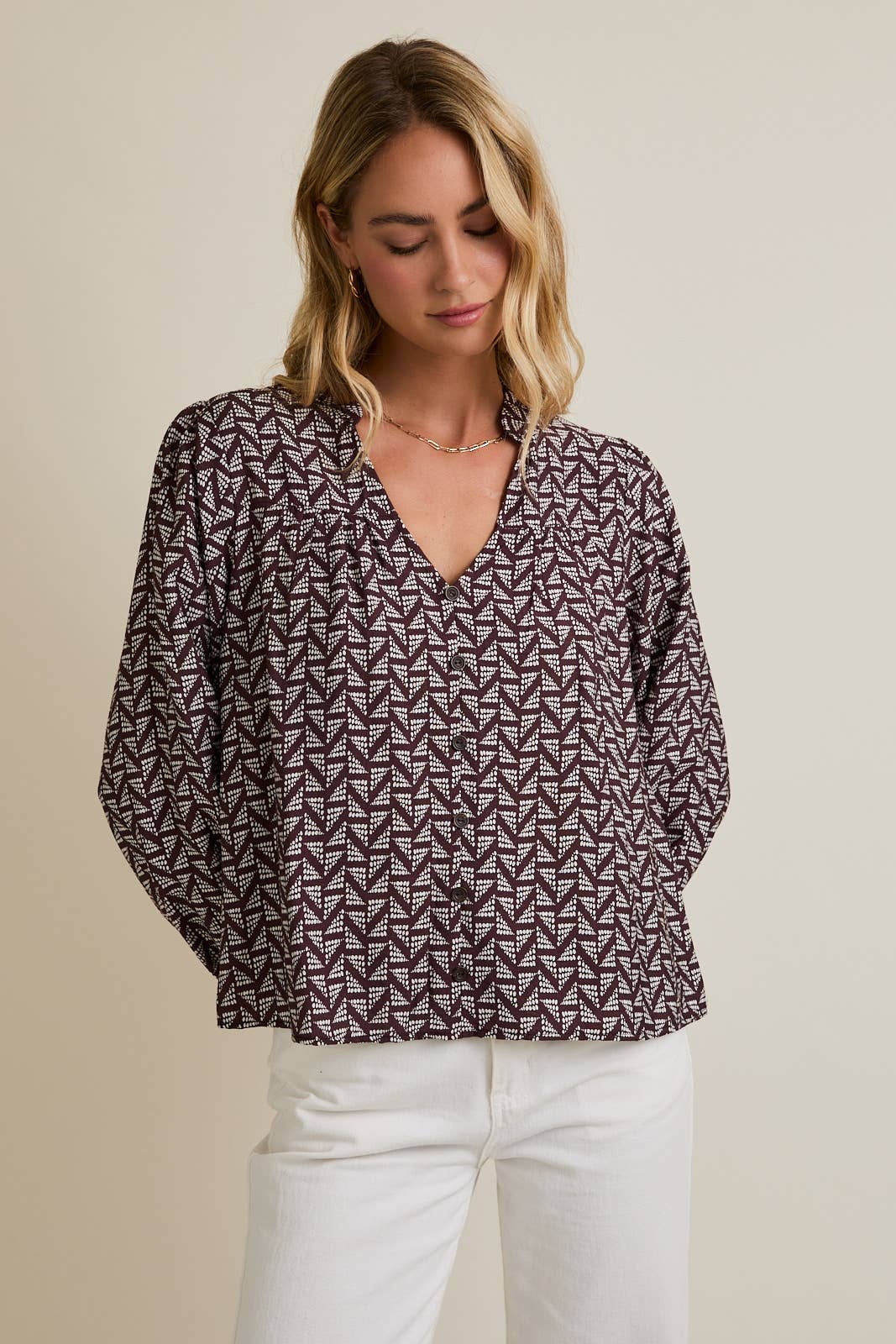NOTCH NECK PUFF LONG SLEEVE BUTTON UP ABSTRACT TOP
