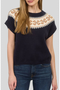 Zoe and Claire Short Sleeve Boxy Sweater Top with Jacquard Print