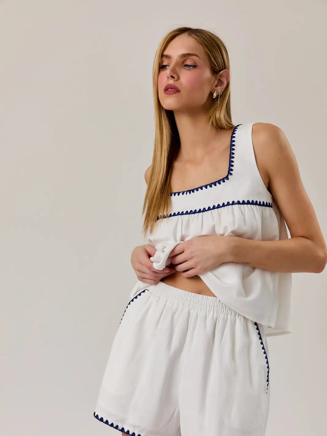 Square Neck Sleeveless Stitch Detail Top